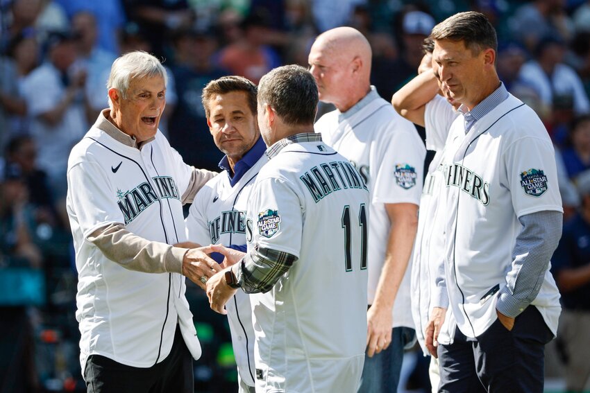 Members of Seattle&rsquo;s 2001 All-Star Team, including manager Lou Piniella, left, are acknowledged ahead of the 2023 MLB All-Star Game July 11, 2023, at T-Mobile Park, in Seattle. (Dean Rutz/The Seattle Times/TNS)