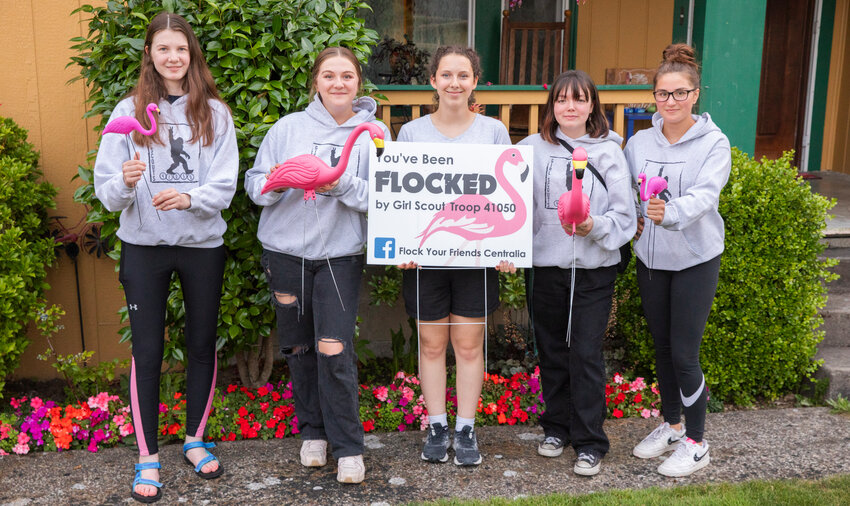 Girl Scout Troop 41050 from left, Susannah Berry, Natalia Hedgers, Layla Von Wald, Kimberlie Brunner and Olivia Hedgers pose for a photo with plastic flamingos on Tuesday, July 11.