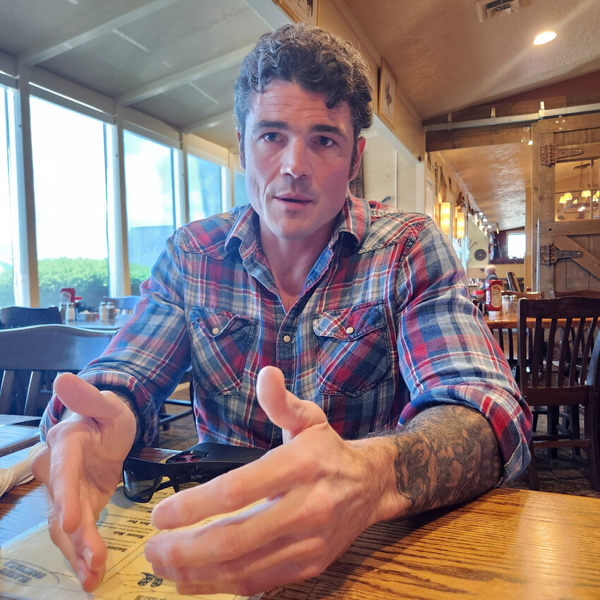 Joe Kent shares his views during an interview with Chronicle columnist Julie McDonald at Ramblin&rsquo; Jack&rsquo;s Ribeye in Napavine last month.