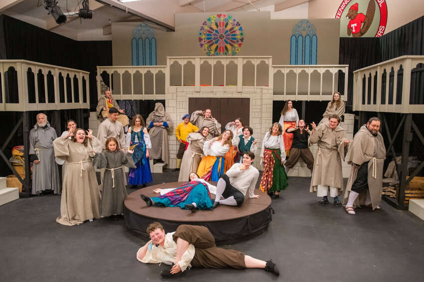 FILE PHOTO &mdash; A cast of characters poses for a photo on stage during dress rehearsals for &ldquo;The Hunchback of Notre Dame&rdquo; presented by Tenino Young-At-Heart Theatre on Monday, July 17, 2023.