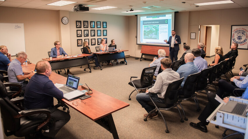 Seth Gottlund, commercial development manager for Fortescue Future Industries, talks during a Lewis County Public Utility District meeting in Chehalis on Tuesday, July 18.