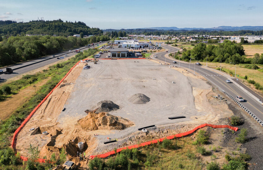 The new location of I-5 Auto Group&rsquo;s Awesome Chevrolet, which is currently under construction, is seen from above in Chehalis this week. The location is just north of I-5 Toyota and Les Schwab Tires.