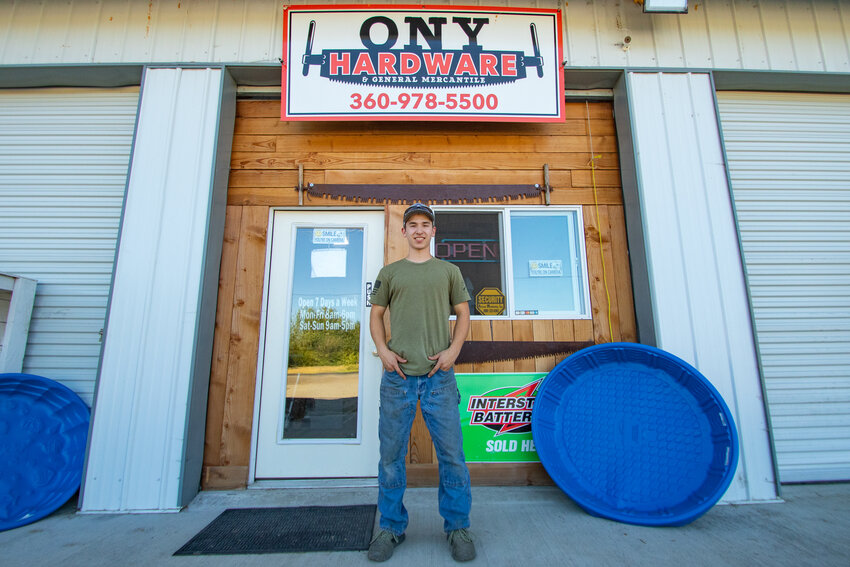 Michael Howard, 19, the new owner of Ony Hardware &amp; General Mercantile, stands in front of his store on Thursday. The business is located at 112 Brim Road just south of U.S. Highway 12.