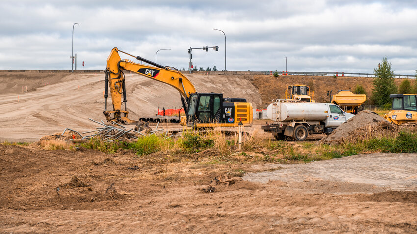 Construction equipment surrounds a dirt slope to the Mellen Street off-ramp over Interstate 5 in Centralia seen Friday, July 21.