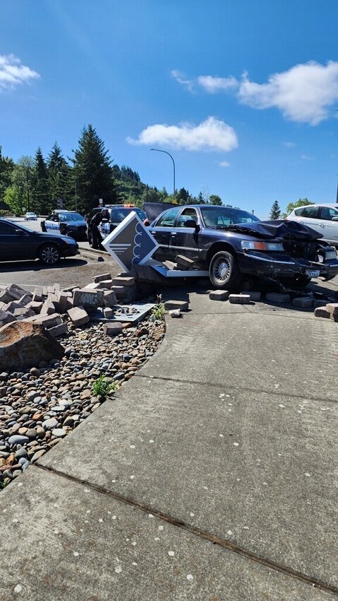 A dog inside a car driving on Chamber Way in Chehalis Friday morning reportedly jumped into the driver&rsquo;s lap, causing the driver to swerve and crash into the sign and sitting area at about 10 a.m., according to Chamber of Commerce Director Cynthia Mudge.&nbsp;