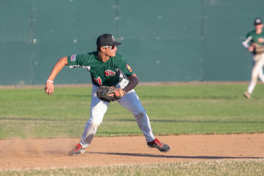 Evan Stajduhar goes to second to start the game-ending double play in Centralia I-5 Toyota/Mountain Dew's 4-3 win over the Tri-Cities Titans in the second round of the American Legion AAA state tournament, July 23 at Wheeler Field.