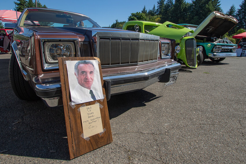 Actor Ricardo Montalb&aacute;n reminds Hub City Cruisers Car Show attendees that Rick Franklin's 1982 Chrysler Cordoba still has rich corinthian leather on Saturday, July 22 at Schaefer County Park.