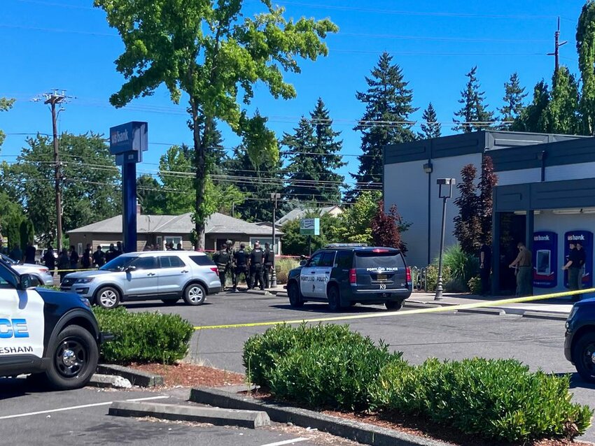 One security officer was killed Saturday, July 22, 2023, and one other person was wounded in a shooting at Legacy Good Samaritan Medical Center in Portland that later led to a standoff in Gresham where police fatally shot the suspect. Numerous police vehicles converged in the middle of Northeast 181st Avenue near Glisan Street in Gresham (pictured).