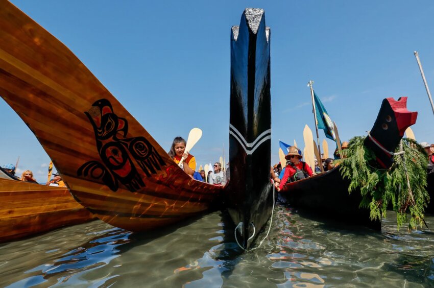 The sweeping bow of the Sila canoe reflects the ripples of the water just off of Alki Beach as the canoes wait to ask permission to come ashore on the final leg of the 2023 Canoe Journey. (Jennifer Buchanan / The Seattle Times / TNS)