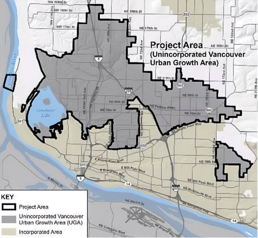 A map shows the project area that would be impacted by proposed residential development code changes as part of implementation of Clark County&rsquo;s Housing Options Study and Action Plan.