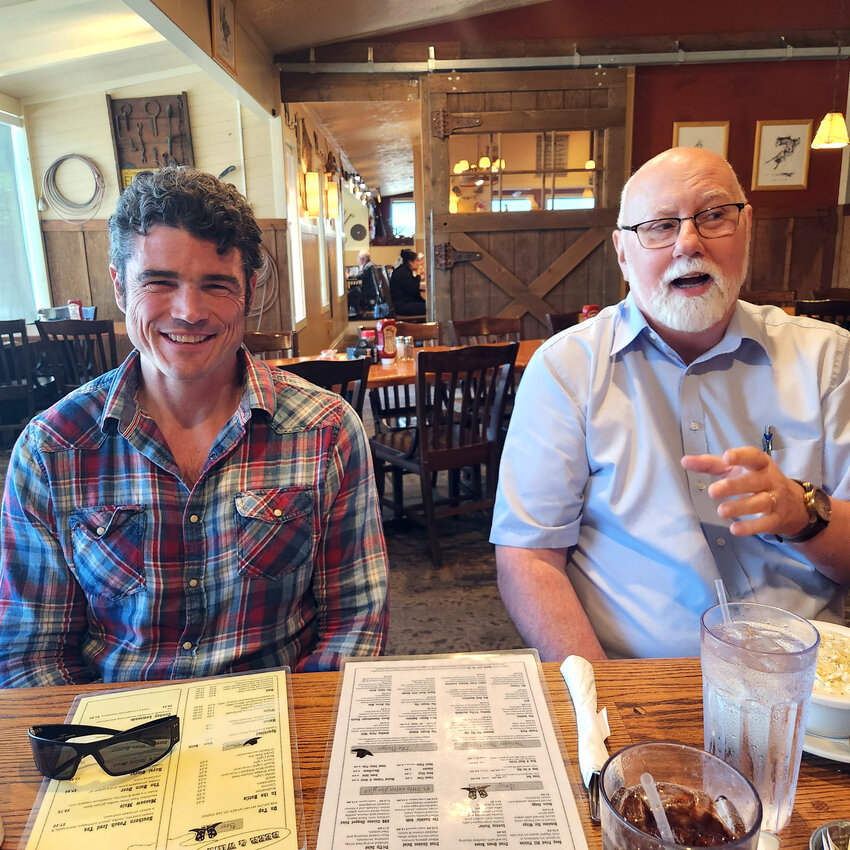 Joe Kent, left, is pictured with Kyle Pratt during an interview with Chronicle columnist Julie McDonald at Ramblin&rsquo; Jacks Ribeye in Napavine.