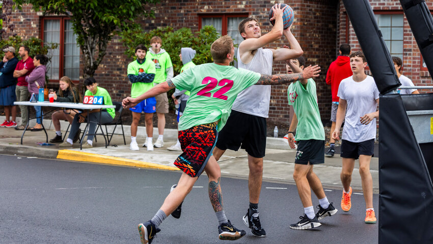 Landon Kaut, of Centralia, looks to score during the &ldquo;3-on-3 Streetball Festival&rdquo; hosted by the Centralia-Chehalis Chamber of Commerce on Saturday, Aug. 5, 2023, in Chehalis.