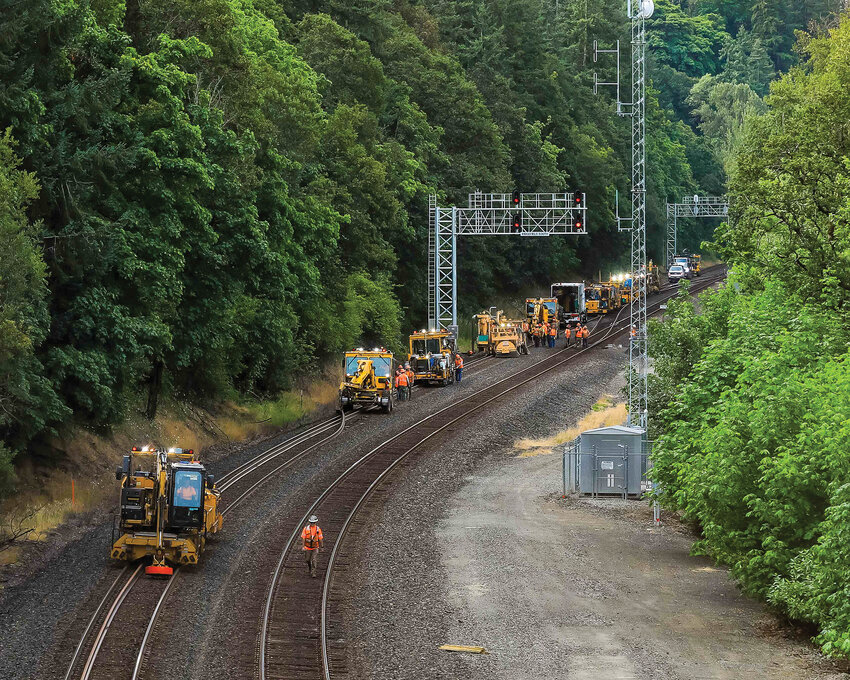 Crews take on railroad maintenance on the Burlington Northern Santa Fe railroad near Ridgefield, July 25. The number of total jobs in Clark County is expected to be 269,000 in 2045, according to an employment projection included as part of the county&rsquo;s comprehensive growth management plan update for 2025.