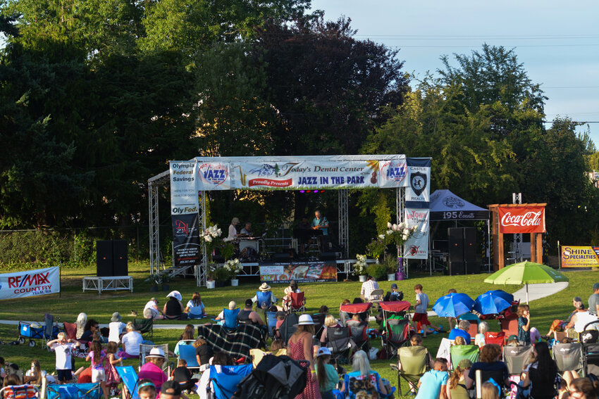 A crowd forms in front of the stage at Yelm City Park to enjoy live music on Aug. 4 at Jazz in the Park.