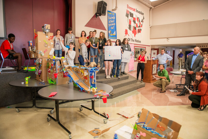 Hailey Sturdevant, a sophomore at W.F. West High School, talks about the Ocean Team&rsquo;s Rube Goldberg machine during a University of Washington Science, Technology, Engineering and Math (STEM) camp in Chehalis on Tuesday, Aug. 8.