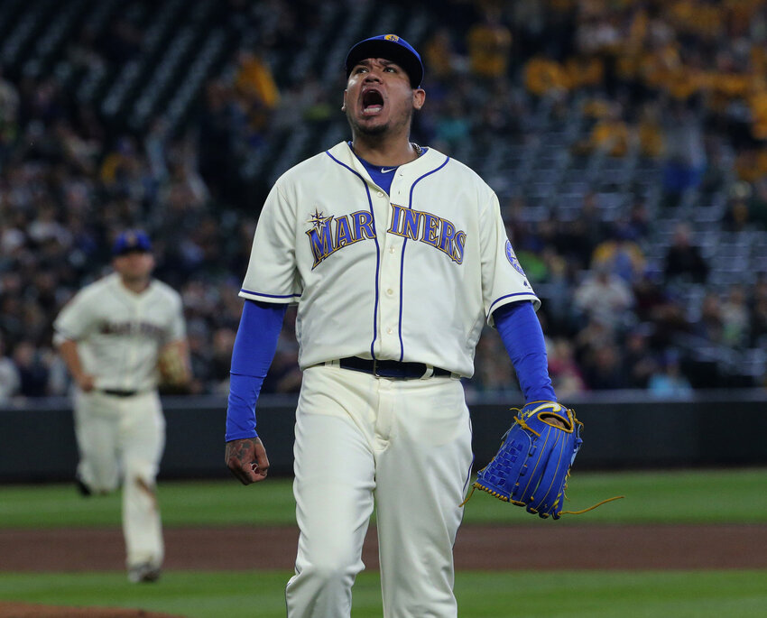 Seattle Mariners pitcher Felix Hernandez celebrates after escaping a bases-loaded jam against the Tampa Bay Rays on June 3, 2018, at Safeco Field in Seattle. (Ken Lambert/Seattle Times/TNS)