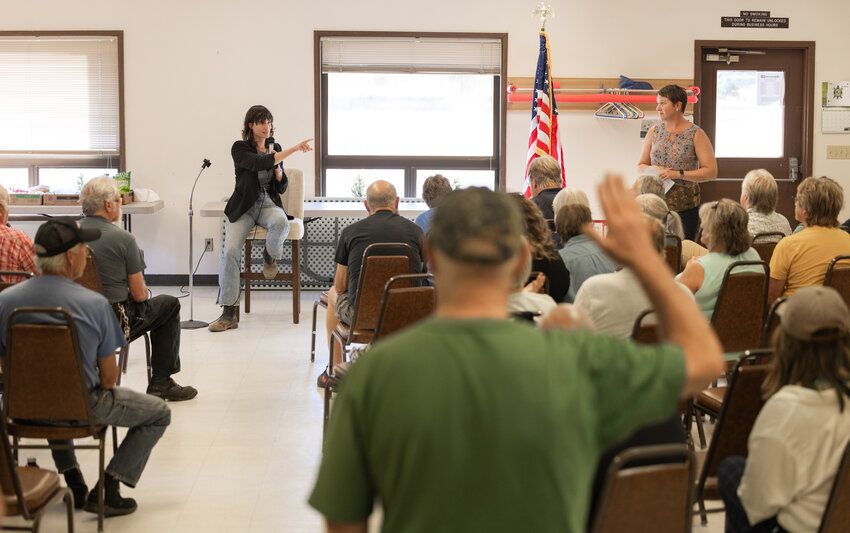 Congresswoman Marie Gluesenkamp Perez takes questions from attendees at a town hall event at the Packwood Senior Center on Thursday, Aug. 10.