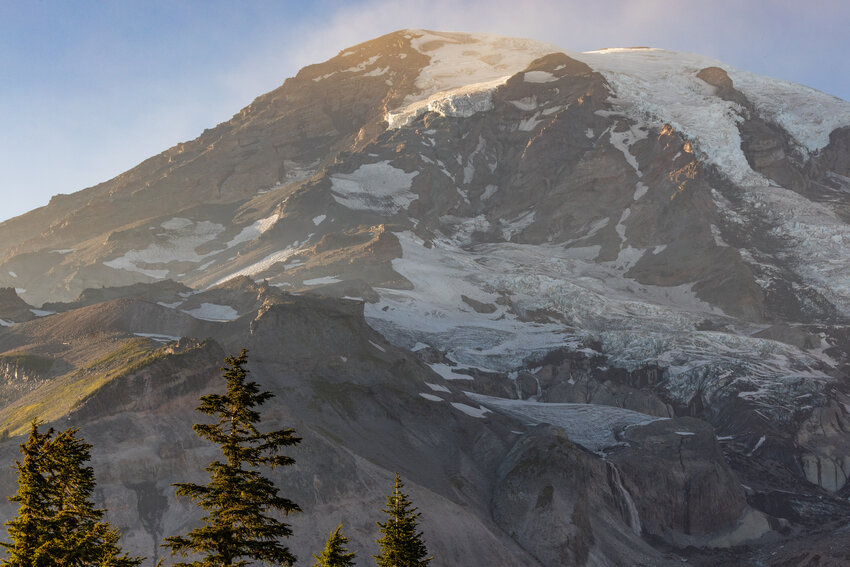 Sunlight illuminates Mount Rainier as seen from Paradise on Tuesday, Aug. 15, 2023.