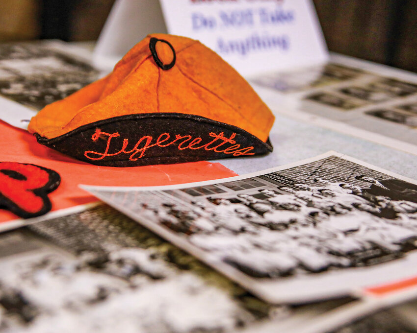 Louise Tucker&rsquo;s Tigerettes beanie sits on a display table for the Battle Ground High School class of 1953&rsquo;s 70th reunion.