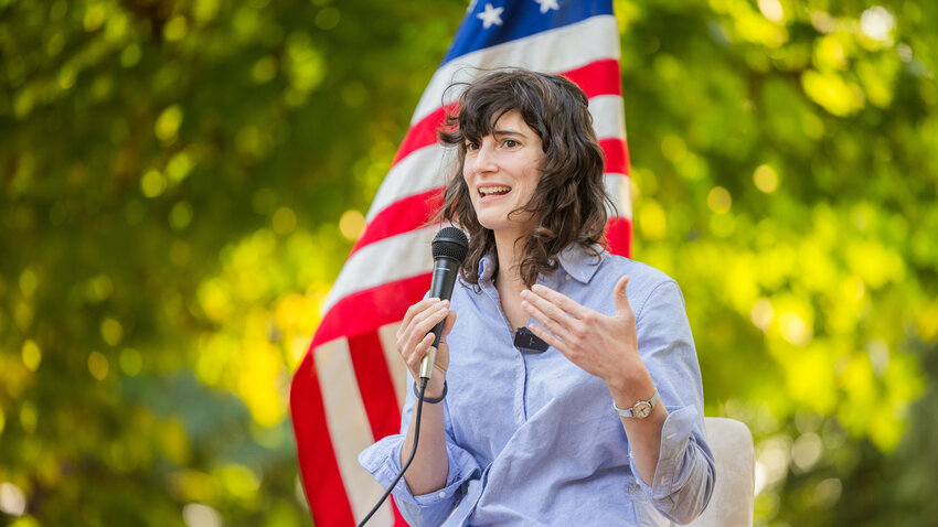 Congresswoman Marie Gluesenkamp Perez talks to visitors at Kemp Olson Memorial Park in Toledo during a town hall event on Wednesday, Aug. 23.