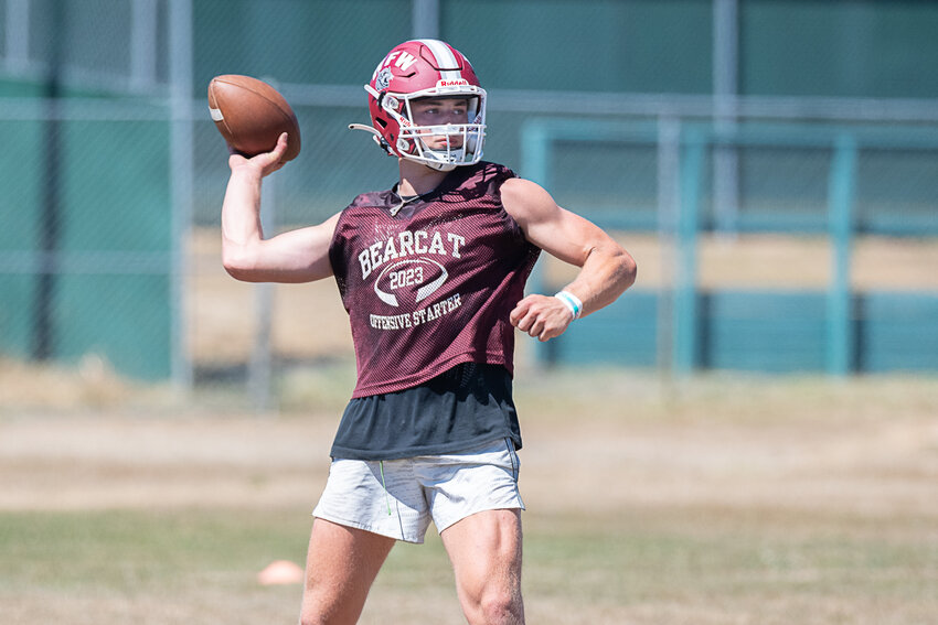Gage Brumfield throws a pass during W.F. West's practice to open training camp on Wednesday, Aug. 16.