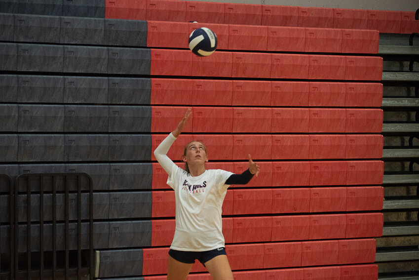 Claire Johnson serves during a scrimmage at Black Hills' practice on Aug. 29.