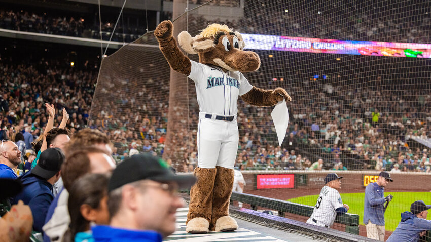 The Mariners Moose mascot cheers during a game in Seattle on Monday, Aug. 28.