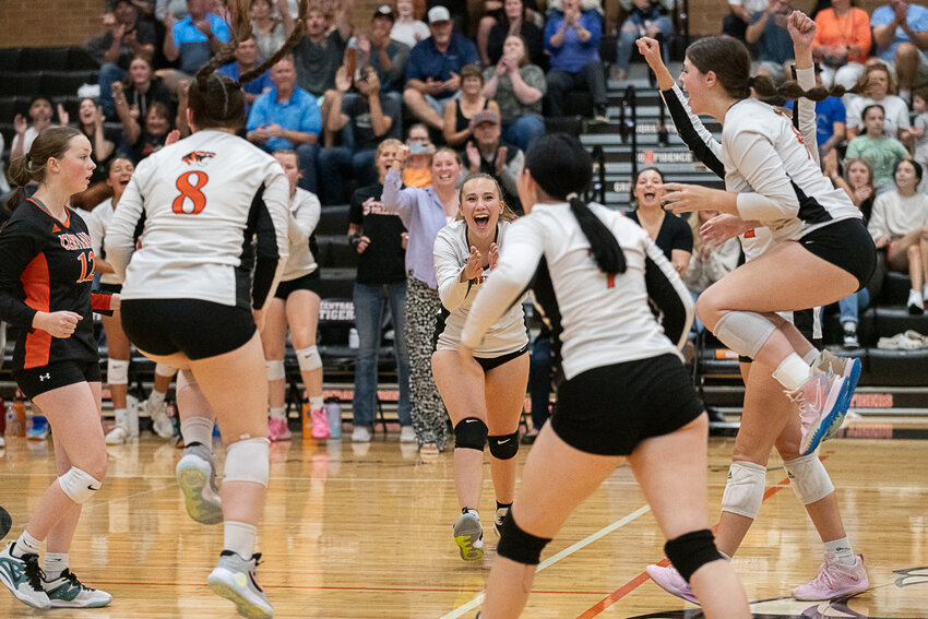 Centralia celebrates a point in its sweep of Eatonville on Sept. 5.