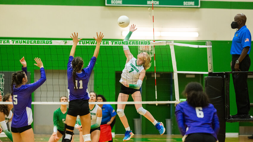 Tumwater&rsquo;s Tove Hugus (7) fires a shot over the net during a match against North Thurston in Tumwater on Thursday, Sept. 7.