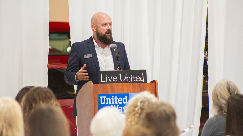 Chris Judd speaks during a United Way &ldquo;Community Impact Luncheon&rdquo; hosted at the Jester Auto Museum in Chehalis on Thursday, Sept. 7.