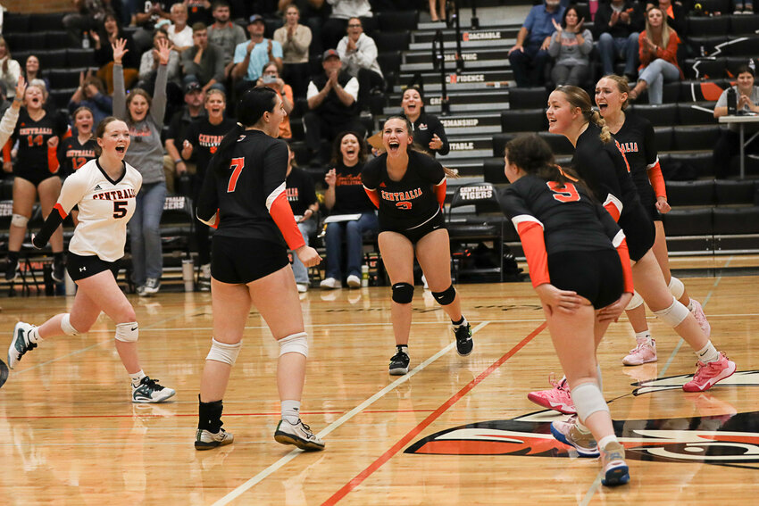 Centralia celebrates a point during the first set of its win over W.F. West on Sept. 21.