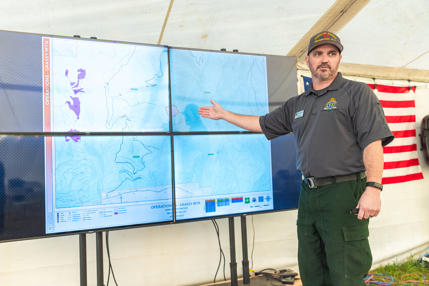 Branch Director Clint Green, with California Incident Management Team 13, talks about the Grassy Mountain fire response near Packwood on Wednesday, Sept. 20.