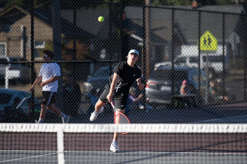 Tumwater's Max Bunn serves during Tumwater's match against W.F. West on Sept. 22.