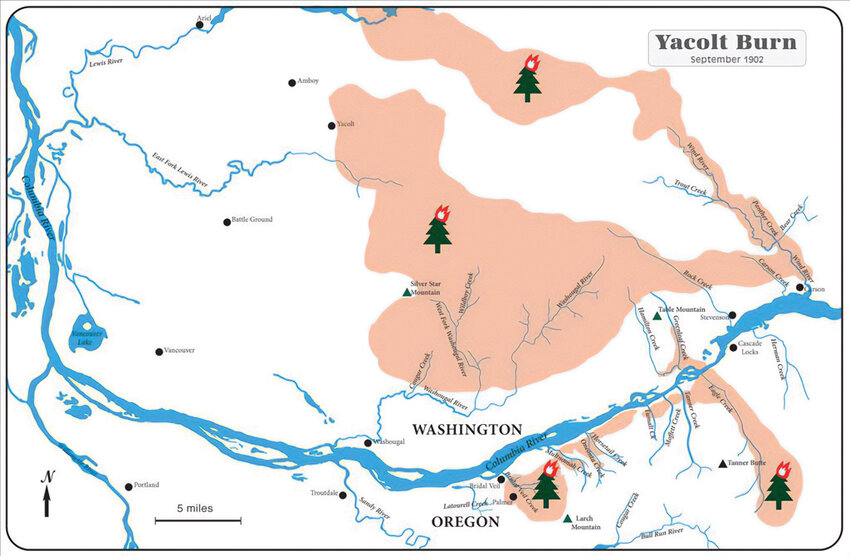 A map shows the extent of the 1902 Yacolt Burn