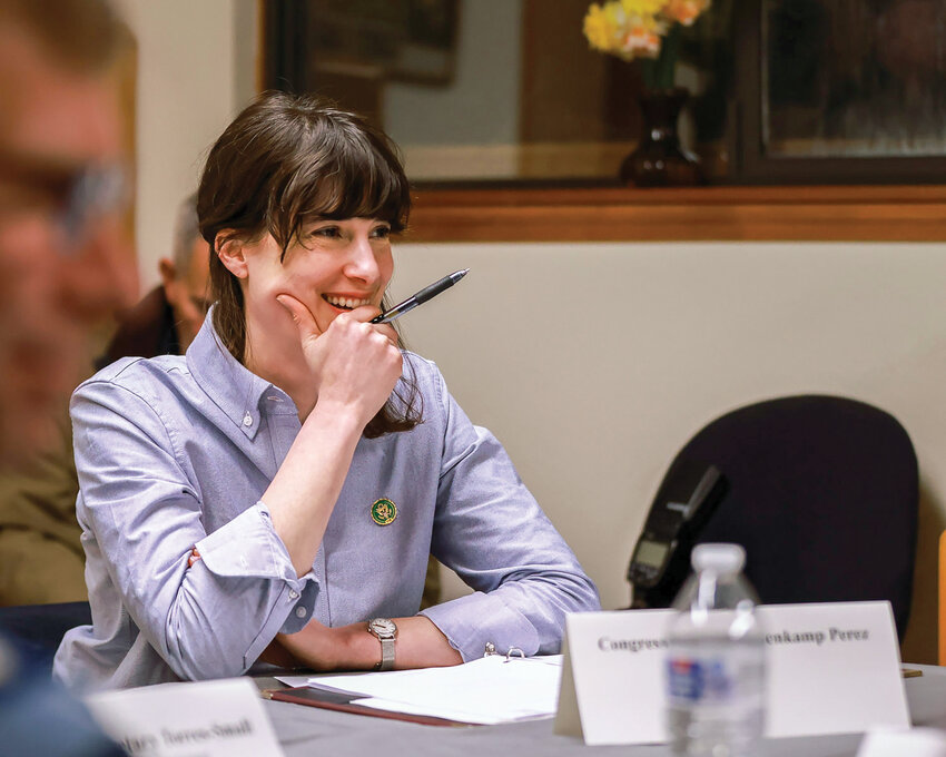 Congresswoman Marie Gluesenkamp Perez smiles during a roundtable event at the Van der Salm Farm in Woodland on Tuesday, April 4.