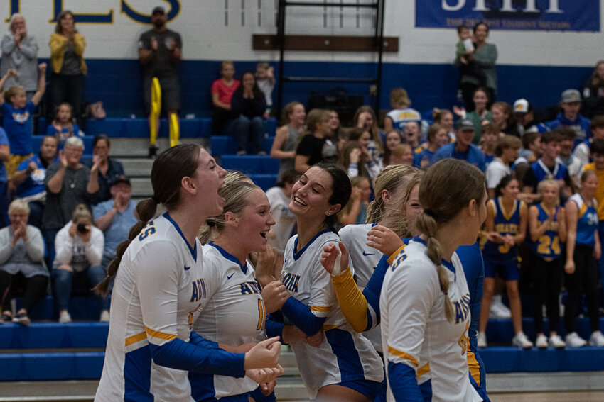 The Adna Pirates celebrate after sealing their win over the Napavine Tigers on Sept. 26.