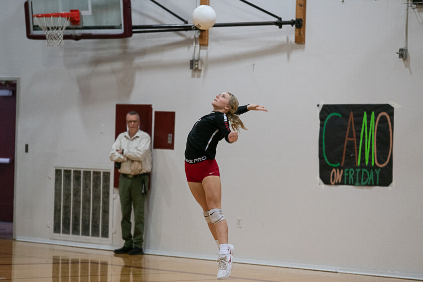 Adyson Barrows serves the ball during Mossyrock's victory in Chehalis on Sept. 28.