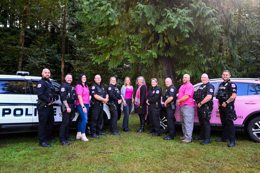 Members of the Ridgefield Police Department sport pink shirts and pink patches for Breast Cancer Awareness Month. Ridgefield police vehicles will feature pink ribbons for the month of October, and city staff are participating by wearing pink City logo shirts on Wednesdays, as well.