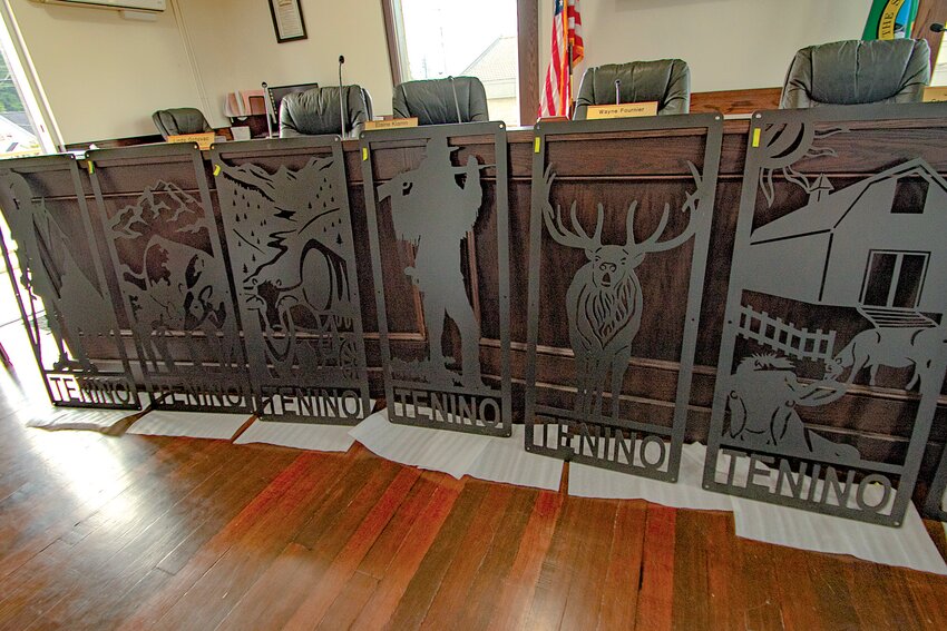 Metal art banners are seen on display following their unveiling on Saturday, Sept. 30, at Tenino City Hall.