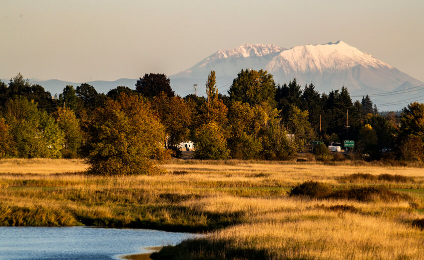 Mount St. Helens has a fresh cap of snow at sunset on Saturday night as seen from Chehalis.