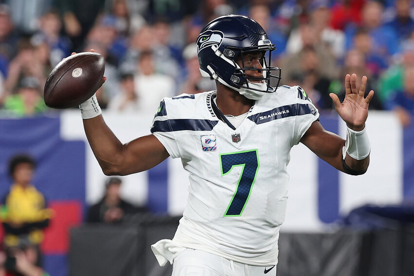 Geno Smith #7 of the Seattle Seahawks throws the ball during the first quarter against the New York Giants at MetLife Stadium on October 2, 2023 in East Rutherford, New Jersey. (Photo by Al Bello/Getty Images/TNS)