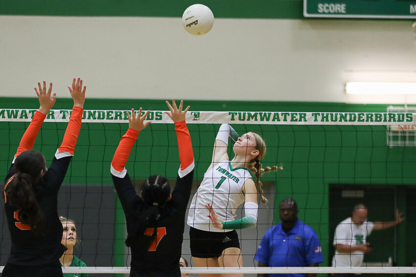 Natalie Montoya-Kilmer winds up to spike the ball during Tumwater's match against Centralia on Oct. 5.