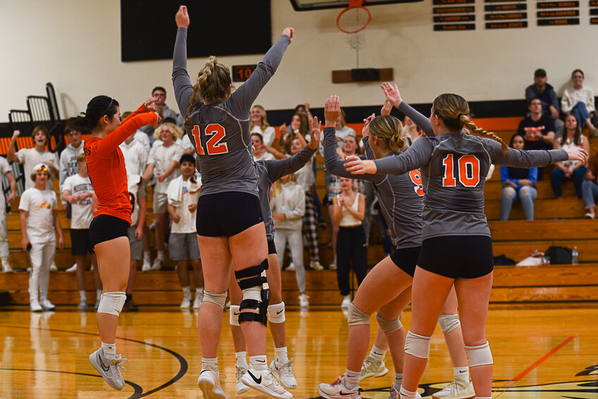 The Tigers celebrate after an ace during Napavine's win over Kalama on Oct. 5.