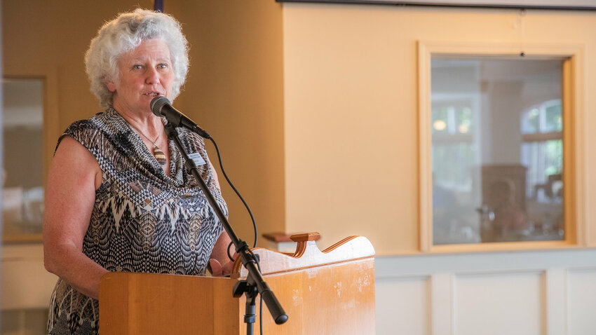 FILE PHOTO &mdash;&nbsp;Maureen Markom, of the Lewis County Farm Bureau, describes challenges farmers face with water rights during a chamber forum in Centralia in 2022.