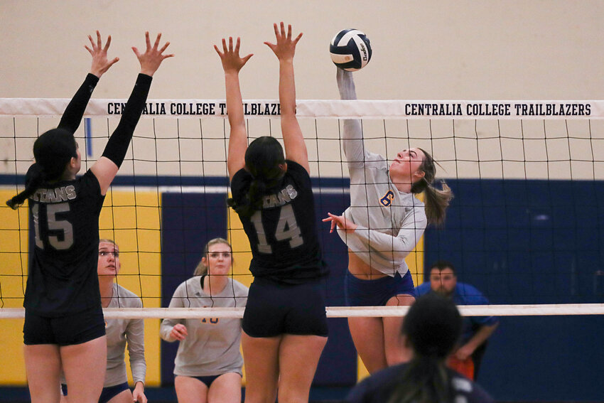 Morgan Rogerson spikes the ball during the first set of CC's match against Tacoma on Oct. 11.