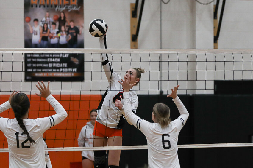 Allyson Ooms spikes the ball during the first set of Rainier's match against Kalama on Oct. 12.