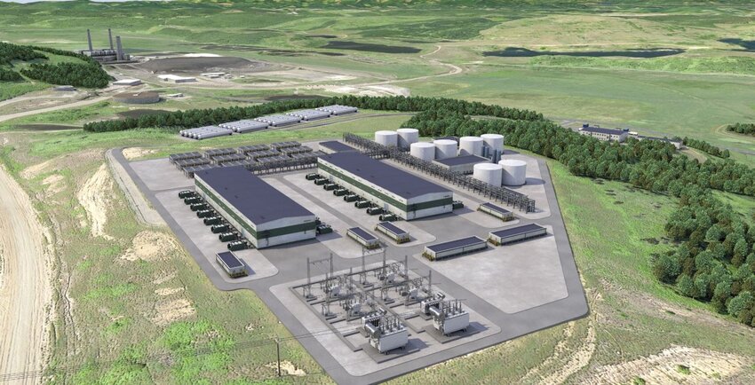 Artist&rsquo;s rendering of the hydrogen production plant proposed in Centralia, Washington, by Australia-based Fortescue Future Industries. The soon-to-close Centralia coal power station can be seen at left rear. (Courtesy of Fortescue Future Industries, 2022)