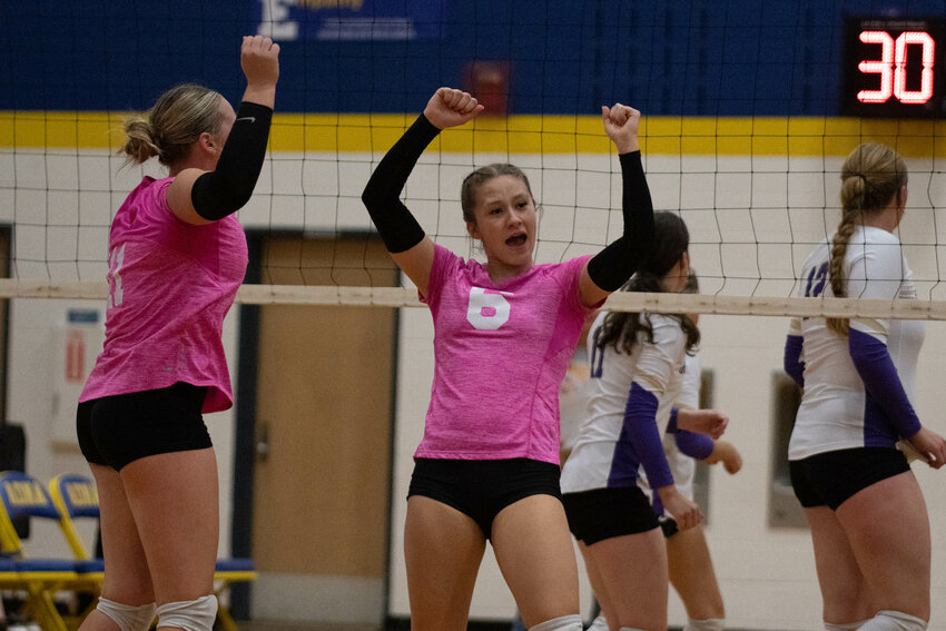 Karsyn Freeman celebrates a point during Adna's sweep of Goldendale on Oct. 13.