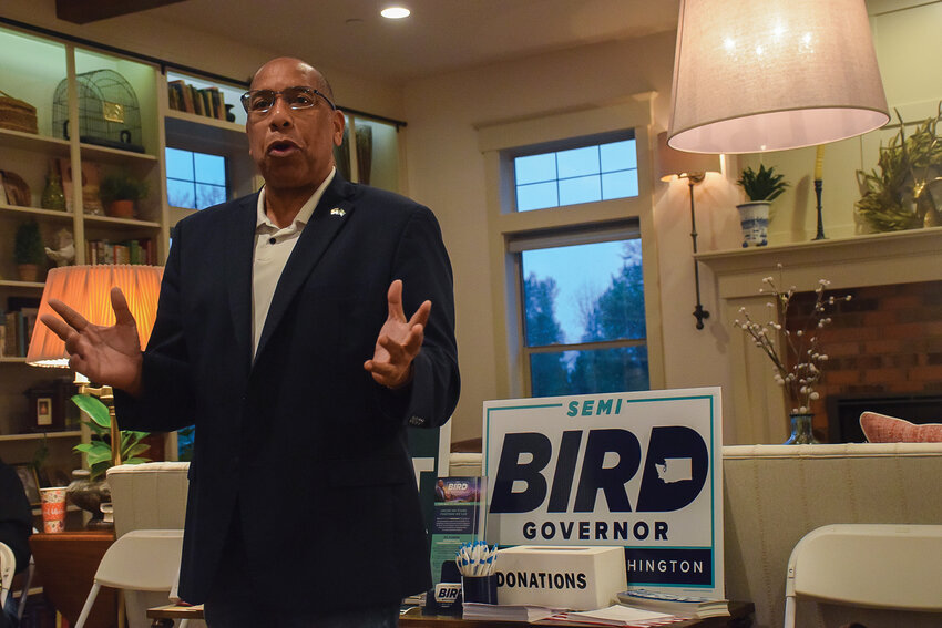 Washington state gubernatorial candidate Semi Bird speaks to guests at a private meet-and-greet event in north Clark County, Oct. 13.