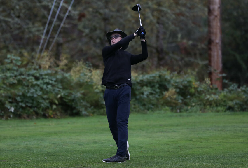 David Dallaire drives a ball off the tee during his round at the 1A Evergreen Championship on Oct. 16.